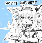  1girl animal_ear_fluff animal_ears arknights birthday_cake black_collar braid braided_hair_rings cake collar commentary_request earpiece food fox_ears fox_girl fox_tail hair_rings hairband happy_birthday highres holding holding_plate monochrome open_mouth oripathy_lesion_(arknights) plate shima_(wideshi_ma) solo suzuran_(arknights) tail twin_braids upper_body 