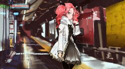  1girl absurdres black_dress black_pantyhose blush brown_eyes buttons closed_mouth coat commentary_request double-breasted dress drill_hair feet_out_of_frame fur_scarf hand_up highres indoors kabuyama_kaigi long_sleeves looking_at_viewer looking_to_the_side pantyhose pink_hair reflective_floor shikoku_metan sign solo standing subway tactile_paving train train_station_platform twin_drills twintails utau voicevox white_coat 