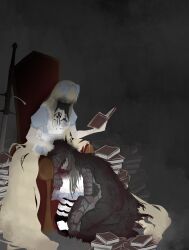  1boy 1girl absurdly_long_hair alice_(black_souls) apron armor black_liquid black_souls blood blue_dress blue_ribbon book book_stack breasts cape dress fritz_(pixiv_58604239) full_armor gauntlets grimm_(black_souls) hair_ribbon hand_on_another&#039;s_head helmet highres holding holding_book hole_in_face kneeling lap_pillow long_hair looking_at_another looking_down medium_breasts on_chair pantyhose ribbon shoes sitting stain striped_clothes striped_pantyhose sword very_long_hair visor_lift weapon white_apron zweihander 