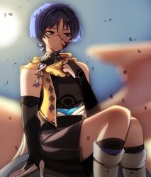  1boy absurdres arm_at_side armor artist_name black_bodysuit black_bridal_gauntlets black_leggings black_shorts blood blood_on_face blue_kimono blue_sky blunt_ends blurry blurry_background bodysuit borrowed_clothes bridal_gauntlets closed_mouth clothes_down desert empty_eyes eyeliner eyeshadow genshin_impact gold_ring hakama hakama_shorts han'eri highres holding holding_scarf holding_unworn_clothes japanese_armor japanese_clothes kaminchik kimono kote kurokote layered_kimono leg_warmers leggings makeup male_focus mandarin_collar middle_ring open_hand outdoors pleated_shorts purple_hair purple_rope red_eyeliner red_eyeshadow rope scaramouche_(genshin_impact) scarf shorts sitting sky solo sun tassel tsurime violet_eyes wanderer_(genshin_impact) white_kimono white_leg_warmers yellow_scarf 