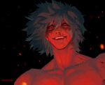  1boy artist_name black_background boku_no_hero_academia colored_skin cracked_skin floating_hair glowing glowing_eyes grey_hair hair_between_eyes highres light_particles male_focus portrait red_eyes red_skin scar scar_on_face shigaraki_tomura smile solo teeth thatsallitchief topless_male upper_teeth_only watermark 