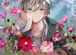  1boy absurdres black_jacket blue_eyes blush closed_mouth clouds cosmos_(flower) day flower grey_hair hair_between_eyes head_rest highres jacket long_sleeves looking_at_viewer lying male_focus off_shoulder on_grass on_stomach original pink_flower purple_flower red_flower shirt short_hair solo u-sama_(u_summer0719) upper_body white_shirt 