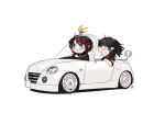  2girls banana_peel black_dress black_hair blue_eyes blue_hair blush car chibi closed_mouth commentary_request convertible daihatsu_copen demon_girl demon_horns demon_tail dress driving fang highres horns looking_at_another medium_bangs medium_hair motor_vehicle multicolored_hair multiple_girls nanashi_inc. official_alternate_costume open_mouth pointy_ears red_eyes redhead ryugasaki_rene ryugasaki_rene_(3rd_costume) shishio_chris shishio_chris_(3rd_costume) short_hair short_sleeves signature simple_background smile tail two-tone_hair upper_body vehicle_focus virtual_youtuber white_background zono_(inokura_syuzo029) 