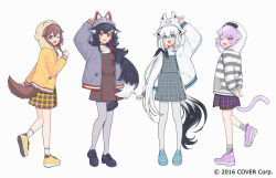  ;d ahoge alternate_costume animal_ear_piercing animal_ears aqua_eyes arm_up arms_behind_back black_hair black_ribbon black_shoes blue_dress blue_shoes bone_hair_ornament braid brown_dress brown_eyes brown_hair cat_ears cat_girl cat_tail character_hood cloak commentary_request copyright_notice crossed_bangs dog_ears dog_girl dog_tail double-parted_bangs dress fox_ears fox_girl fox_tail full_body gingham_dress grey_jacket grey_socks grey_thighhighs hair_between_eyes hair_ornament hair_over_shoulder hair_ribbon hairclip hand_up highres hololive hololive_gamers hood hood_up hooded_cloak inugami_korone jacket kisaragi_yuu_(fallen_sky) listener_(inugami_korone) long_hair looking_at_viewer looking_back low_ponytail low_twin_braids messy_hair miofa_(ookami_mio) multicolored_hair nekomata_okayu official_art one_eye_closed onigirya_(nekomata_okayu) ookami_mio pentagram pinafore_dress ponytail purple_dress purple_hair purple_shoes red_hair ribbon shirakami_fubuki shirt shoes short_dress short_hair side_braid sidelocks sleeveless sleeveless_dress smile sneakers socks spiky_hair streaked_hair striped_clothes striped_jacket sukonbu_(shirakami_fubuki) tail tail_around_own_leg thigh-highs twin_braids very_long_hair violet_eyes virtual_youtuber white_hair white_jacket white_shirt white_socks wolf_ears wolf_girl wolf_tail yellow_dress yellow_eyes yellow_jacket yellow_shoes 
