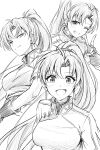  1girl ahoge angry blush breasts commentary_request earrings fingerless_gloves fire_emblem fire_emblem:_the_blazing_blade fire_emblem_heroes gloves greyscale grin hand_up high_ponytail jewelry long_hair looking_at_viewer lyn_(fire_emblem) medium_breasts monochrome multiple_views one_eye_closed open_mouth parted_lips ponytail short_sleeves simple_background smile teeth ten_(tenchan_man) turtleneck upper_body v white_background 