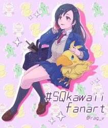  1girl bag black_hair black_socks blue_jacket blue_skirt blush brown_eyes buster_sword cellphone chocobo collared_shirt drop_shadow earrings final_fantasy final_fantasy_vii full_body goodsign hashtag-only_commentary highres holding holding_phone invisible_chair jacket jewelry kneehighs long_hair long_sleeves loose_necktie miniskirt moogle necktie open_clothes open_jacket open_mouth phone pleated_skirt red_necktie sabotender school_uniform shirt single_earring sitting skirt socks solo sparkle stuffed_toy sweater_vest teardrop_earrings thighs three_quarter_view tifa_lockhart twitter_username white_shirt yellow_sweater_vest 