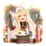  1girl a-91_(girls&#039;_frontline) absurdres alcohol bar_(place) blonde_hair blurry blurry_background blush commission commissioner_upload drunk girls_frontline hat highres long_hair mole mole_under_eye non-web_source one_eye_closed one_side_up open_mouth samsam_s2s smile yellow_eyes 