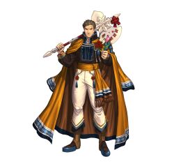  1boy absurdres axe brown_eyes brown_hair cheekbones coat coat_on_shoulders commentary_request fire_emblem fire_emblem:_path_of_radiance fire_emblem_heroes flower full_body greil greil_(valentine) highres holding holding_axe holding_flower holding_weapon izuka_daisuke looking_at_viewer male_focus mature_male official_art over_shoulder scar scar_on_face short_hair simple_background solo standing weapon weapon_over_shoulder white_background wrinkled_skin 