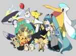  1girl ampharos balloon bellibolt black_footwear black_skirt black_sleeves blue_hair blue_nails boots cheek-to-cheek cheek_press chinchou closed_mouth collared_shirt commentary denki_yohou_(vocaloid) detached_sleeves floating from_side full_body grey_background grey_shirt hair_ornament hand_up hatsune_miku heads_together helioptile highres holding holding_megaphone megaphone mimikyu miniskirt minun miraidon morise_(morise_) number_tattoo open_mouth pelipper pikachu plusle pokemon pokemon_(creature) profile project_voltage raised_eyebrows shirt shoulder_tattoo simple_background sitting skirt sleeveless sleeveless_shirt smile solo tattoo thigh_boots togedemaru twintails vocaloid 