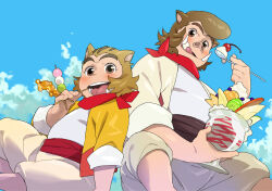  1boy aged_down animal_ears bakemono_no_ko blue_sky blush boar_boy boar_ears brown_hair clouds cloudy_sky commentary_request cup dango eating fat food furry furry_male holding holding_cup holding_food jiroumaru_(bakemono_no_ko) looking_at_viewer male_focus neckerchief open_mouth pants parfait pig_nose plump purasu_no_konbu red_neckerchief sitting skewer sky smile wagashi white_happi white_pants yellow_happi 