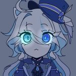  1girl :&lt; animal_ears artist_name ascot black_ascot blue_ascot blue_brooch blue_eyes blue_hair blue_headwear blue_jacket brooch cat_ears commentary cowlick dark drop-shaped_pupils eclove english_commentary formal furina_(genshin_impact) gem genshin_impact glowing glowing_eyes hat heterochromia highres jacket jewelry kemonomimi_mode light_blue_hair looking_at_viewer multicolored_hair simple_background solo top_hat white_hair white_trim_bow 