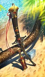  bag beach blurry blurry_foreground commentary day depth_of_field fate/grand_order fate_(series) footprints grey_bag higashiyama_hayato katana no_humans official_art outdoors palm_tree planted planted_sword rengoku_(sword)_(fate) sand still_life sunlight sword third-party_source tree water weapon weapon_focus weapon_request 