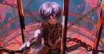 1boy cage chain chained chencuya cowboy_shot genshin_impact hat highres in_cage looking_at_viewer male_focus purple_hair scaramouche_(genshin_impact) sitting smirk solo violet_eyes 