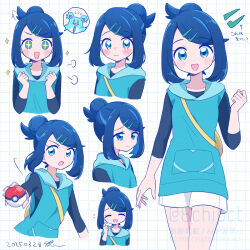  +_+ 0zr8hc 1girl :d arrow_(symbol) black_shirt blue_eyes blush clenched_hand clenched_hands closed_mouth flying_sweatdrops grid_background hair_ornament hairclip hand_up hands_up highres holding holding_poke_ball liko_(pokemon) multiple_views nidothing open_mouth poke_ball poke_ball_(basic) pokemon pokemon_(anime) pokemon_horizons puff_of_air shirt shorts smile sparkle spoken_character swept_bangs twitter_username watermark white_shorts yellow_bag 