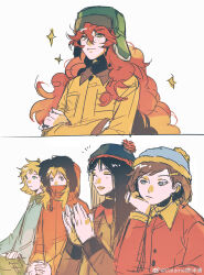  5girls absurdres animification black_hair blonde_hair blue_eyes blue_hat blue_shirt blush breast_pocket brown_hair brown_jacket brown_pants butters_stotch buttons caramel_jiaomitang chinese_commentary clapping closed_eyes closed_mouth collared_jacket collared_shirt commentary_request covered_mouth crossed_arms eric_cartman freckles fur-trimmed_jacket fur_trim gaijin_4koma_(meme) genderswap genderswap_(mtf) green_eyes green_hat hair_between_eyes hair_ornament hairclip half-closed_eyes hand_on_own_face hand_up hands_up hat highres hood hooded_jacket jacket kenny_mccormick kyle_broflovski long_hair long_sleeves looking_at_another looking_at_viewer medium_hair meme multiple_girls open_mouth orange_hair orange_jacket own_hands_together pants pocket pom_pom_(clothes) red_jacket shirt short_hair sidelocks simple_background sitting smile south_park sparkle stan_marsh upper_body watermark wavy_hair weibo_watermark white_background yellow_jacket 