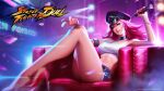  bangle bracelet capcom chain couch high_heels highres jewelry logo pink_hair poison_(final_fight) short_shorts shorts sitting stage_lights street_fighter whip 