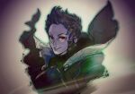  1boy armor fire_emblem fire_emblem_fates grey_background hotate_rayan looking_at_viewer male_focus quiff red_eyes silas_(fire_emblem) smile solo upper_body 