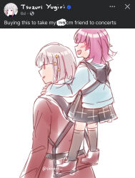  2girls black_skirt black_thighhighs blue_jacket blunt_bangs blush boots brown_boots brown_dress carrying commentary cosplay dress english_commentary english_text facebook grey_hair hair_ornament hands_on_another&#039;s_shoulders hasu_no_sora_school_uniform height_difference highres in-franchise_crossover jacket kishimen_hair link!_like!_love_live! long_sleeves love_live! love_live!_nijigasaki_high_school_idol_club medium_hair miniskirt multicolored_hair multiple_girls nijigasaki_school_uniform open_clothes open_jacket open_mouth piggyback plaid_clothes plaid_skirt pleated_skirt profile red_hair sailor_collar sailor_dress school_uniform short_hair simple_background sioneve skirt star_(symbol) star_hair_ornament streaked_hair summer_uniform tennoji_rina thigh-highs twitter_username virtual_youtuber white_background white_sailor_collar winter_uniform yugiri_tsuzuri 