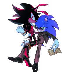  2boys absurdres animal_ears animal_nose anklet black_fur black_shoes blue_fur body_fur bracelet brown_jacket brown_suit closed_mouth crossdressing earrings fishnets full_body furry furry_male gloves gold_bracelet green_eyes hedgehog_boy high_heels highres holding holding_money jacket jewelry leotard long_hair looking_at_viewer male_focus money multicolored_fur multiple_boys necktie playboy_bunny red_eyes red_fur red_leotard red_necktie round_eyewear sa1k_a shadow_the_hedgehog shoes short_tail simple_background sitting sonic_(series) sonic_the_hedgehog standing suit sunglasses tail two-tone_fur white_background white_gloves 