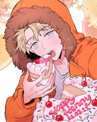  1boy animification artist_name balloon birthday_cake blonde_hair bloom blue_eyes cake cake_slice cherry commentary_request dated english_text fingernails food fruit fur-trimmed_hood fur_trim hair_between_eyes hand_up happy_birthday holding holding_cake holding_food hood hooded_jacket jacket kenny_mccormick korean_commentary lapels long_sleeves looking_at_viewer male_focus open_clothes open_jacket open_mouth orange_jacket puffy_long_sleeves puffy_sleeves shirt short_hair simple_background solo south_park sp_toyoill star_(symbol) t-shirt teeth tongue upper_body white_background white_shirt 