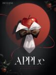  apple apple_(reverse:1999) black_bow black_bowtie bow bowtie branch character_name circle copyright_name dark_background detached_collar english_text food fruit highres leaf logo no_humans object_focus official_art red_background reverse:1999 spotlight traditional_bowtie two-tone_background 