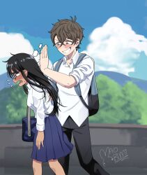  1boy 1girl absurdres alternate_universe backpack bag black_hair blue_skirt blue_sky brown_eyes brown_hair clouds commentary_request fang glasses grin hachiouji_naoto highres holding holding_bag ijiranaide_nagatoro-san mao_bunny medium_skirt mountainous_horizon nagatoro_hayase open_mouth pleated_skirt role_reversal school_bag school_uniform shirt shirt_tucked_in signature skin_fang skirt sky slapping smile spanish_commentary tree untucked_shirt 