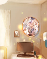  2boys ace_trappola aqua_eyes bedroom brown_hair character_doll computer creature deuce_spade grim_(twisted_wonderland) grin indoors light_particles looking_at_viewer male_focus mirror multiple_boys orange_hair short_hair smile sunlight twisted_wonderland window yuu_(twisted_wonderland) yuuki_(yukko7474) 