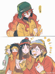  5girls absurdres animification arrow_(symbol) black_hair blonde_hair blue_eyes blue_hat blue_shirt blush breast_pocket brown_hair brown_jacket brown_pants butters_stotch buttons caramel_jiaomitang chinese_commentary clapping clenched_hand clenched_hands closed_mouth collared_jacket collared_shirt commentary_request covered_mouth eric_cartman freckles fur-trimmed_jacket fur_trim gaijin_4koma_(meme) genderswap genderswap_(mtf) green_eyes green_hat hair_between_eyes hair_ornament hairclip hand_up hands_up hat highres hood hooded_jacket jacket kenny_mccormick kyle_broflovski long_hair long_sleeves looking_at_another looking_at_viewer medium_hair meme multiple_girls notice_lines open_mouth orange_hair orange_jacket own_hands_together pants pocket pom_pom_(clothes) red_jacket sad shirt short_hair sidelocks simple_background sitting smile south_park sparkle stan_marsh sweat tearing_up upper_body v-shaped_eyebrows watermark wavy_hair weibo_watermark white_background yellow_jacket 