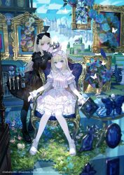  2girls animal_ears bird black_bow black_dress black_hairband black_pantyhose blonde_hair blue_eyes blue_flower blue_rose blue_sky bow cat chair character_request chess_piece chessboard clam_shell closed_mouth clouds cloudy_sky copyright_request crown dress egg egg_cup expressionless flower flower_request fork frilled_dress frilled_wrist_cuffs frills fuzichoco gem goose grass hair_bow hairband highres house jewelry knife knight_(chess) long_hair multiple_girls pantyhose parted_lips pawn_(chess) picture_frame plate puffy_short_sleeves puffy_sleeves red_eyes ring rook_(chess) rose sheep short_sleeves sitting sky smile spoon standing thigh-highs tile_floor tiles tree twitter_username very_long_hair white_bow white_dress white_flower white_hairband white_thighhighs wolf_ears wrist_cuffs 