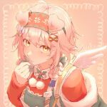  1girl animal_ears arknights blush border bow cat_ears cat_girl cattie_art commentary fake_wings frown fur-trimmed_jacket fur_trim goldenglow_(arknights) goldenglow_(maiden_for_the_bright_night)_(arknights) green_bow green_jacket hair_bow hair_ornament hair_rings hairband highres jacket long_sleeves looking_at_viewer pink_background pink_hair pom_pom_(clothes) red_bow red_hairband red_sweater simple_background solo sweater twitter_username upper_body white_bow wings x_hair_ornament yellow_eyes 