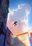  1boy bird building chromatic_aberration clouds cloudy_sky commentary english_commentary evening full_body highres lamppost lightning_bolt_symbol male_focus marvel ross_tran shadow silk sky solo spider-man:_across_the_spider-verse spider-man:_into_the_spider-verse spider-man_(miles_morales) spider-man_(series) spider-verse 