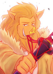  1boy animal_ears bakemono_no_ko blonde_hair boar_boy boar_ears coat commentary_request fur-trimmed_coat fur_trim furry furry_male holding holding_sword holding_weapon iozen_(bakemono_no_ko) katana looking_at_viewer lowres male_focus pig_nose sword tureture tusks weapon white_background yellow_happi 