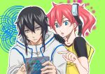  1boy 1girl aiba_ami bironeko black_hair blue_eyes digimon digimon_story:_cyber_sleuth goggles goggles_on_head hand_on_another&#039;s_shoulder hood hoodie long_hair outline redhead sanada_arata short_sleeves side_ponytail upper_body white_hoodie white_outline 
