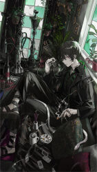  1boy ashtray black-framed_eyewear black_hair black_jacket black_nails black_pants black_sandals black_shirt bottle candle card cigarette collared_shirt couch crossed_legs cup ear_piercing earrings full_body grey_shirt hair_between_eyes half-closed_eyes highres holding holding_cigarette holding_removed_eyewear hookah hoop_earrings indoors jacket jewelry lighter lighting_cigarette looking_at_viewer male_focus multiple_rings nana_tetra on_couch original pale_skin pants parted_lips picture_frame piercing plant playing_card print_shirt ring sandals shirt short_hair sitting smoke snake solo stained_glass stitched_neck stitches stud_earrings table teeth unworn_eyewear violet_eyes watering_can white_snake wide_sleeves window 