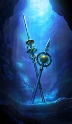  blue_theme commentary fate/grand_order fate_(series) lasengle light_rays no_humans official_art planted polearm spear third-party_source underwater weapon weapon_focus 