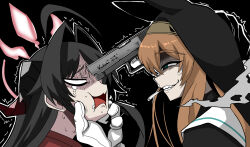  2girls absurdres aiming animal_ear_headwear animal_ears black_hair black_hat black_shirt blank_eyes blue_archive blue_eyes cat_ears cat_girl cigarette crying crying_with_eyes_open demon_girl demon_horns desert_eagle evil_grin evil_smile from_side gloves grin gun hair_between_eyes hand_on_another's_face handgun hat hellsing highres holding holding_gun holding_weapon horns kasumi_(blue_archive) long_hair looking_at_another mari_(blue_archive) multiple_girls nun open_mouth orange_hair rakku_(10219563) red_shirt sailor_collar shaded_face shirt sidelocks smile tears upper_body weapon white_gloves white_sailor_collar 
