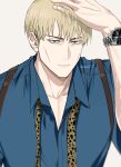  1boy animal_print blonde_hair blue_shirt brown_eyes collared_shirt expressionless hand_in_own_hair highres jujutsu_kaisen leopard_print looking_at_viewer male_focus nanami_kento necktie shirt solo ssss7777_7 suspenders watch watch yellow_necktie 