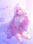  1girl absurdres ahoge blush conika_laurel cosmonoah highres jacket long_hair nogikawa one_eye_closed open_clothes open_jacket open_mouth pastel_colors plaid plaid_jacket purple_hair shirt solo thigh-highs violet_eyes virtual_youtuber waking_up white_shirt white_thighhighs 
