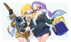  2girls asymmetrical_hair blonde_eyebrows blonde_hair blue_eyes bow bow_(weapon) breasts bucket colored_tongue commission eyebrows fang from_side glasses hair_ornament hairclip highres holding holding_weapon inkling inkling_girl inkling_player_character inner_miniskirt jinkoika long_hair multiple_girls necktie open_mouth purple_hair round_eyewear school_uniform second-party_source skirt smile splatoon_(series) splatoon_3 tentacle_hair tri-slosher_(splatoon) tri-stringer_(splatoon) violet_eyes weapon yellow_skirt yellow_tongue 
