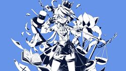  1girl ahoge animal_ears balance_scale bird blue_theme book bow card cat_ears claw_pose flower furina_(genshin_impact) gavel genshin_impact hair_between_eyes hands_up hat hat_bow heterochromia highres magic_penguin monochrome playing_card ruma_(vocaloid) shorts solo top_hat weighing_scale 