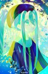 1girl aqua_eyes aqua_hair brown_headwear bug_miku_(project_voltage) crying crying_with_eyes_open eungo forest hair_between_eyes hair_through_headwear hatsune_miku highres long_hair musical_note nature necktie pokemon project_voltage sidelocks tears twintails very_long_hair vocaloid 