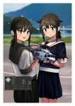  2girls ahoge aircraft black_hair black_sailor_collar black_serafuku black_shirt black_skirt blue_eyes blue_sky braid commentary_request day fubuki_(kancolle) fubuki_kai_ni_(kancolle) green_eyes hair_flaps helicopter highres holding kantai_collection low_ponytail mitsubishi_sh-60k multiple_girls outdoors pleated_skirt ponytail sailor_collar sailor_shirt school_uniform serafuku shigure_(kancolle) shigure_kai_ni_(kancolle) shirt short_ponytail sidelocks single_braid skirt sky timmyyen translation_request white_sailor_collar white_shirt 