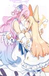  2girls angel_wings animal_ear_fluff animal_ears bare_shoulders blonde_hair blue_archive blush capelet detached_sleeves dress eye_contact flower hair_flower hair_ornament halo highres long_hair looking_at_another mika_(blue_archive) multiple_girls pink_halo purple_flower red_eyes seia_(blue_archive) sleeves_past_fingers sleeves_past_wrists tail white_capelet white_dress white_wings wide_sleeves wings yellow_eyes yellow_halo yun_(dust-i1) yuri 