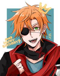  1boy badge black_coat black_headband black_order_uniform blue_background blue_shirt coat collared_coat crown d.gray-man earrings eyepatch fingerless_gloves gloves green_eyes hair_between_eyes happy_birthday headband headband_around_neck holding holding_scarf holding_unworn_clothes hoop_earrings jewelry lavi looking_at_viewer male_focus messy_hair mini_crown one_eye_covered open_mouth orange_hair raia_(pomq_1357) red_gloves red_scarf red_stripes scarf shirt short_hair single_sidelock smile solo striped_coat striped_headband two-tone_background white_background 