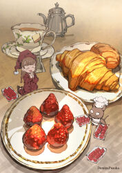  apron artist_name chef_hat commentary croissant cup demizu_posuka food fruit hat highres horns kneeling original plate praying strawberry teacup teapot white_apron 