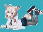  1326496175 1girl ahoge animal_ear_fluff animal_ears arknights black_pantyhose black_skirt blonde_hair blue_background blue_eyes blue_shirt breasts closed_mouth collarbone commentary fox_ears fox_girl fox_tail full_body gloves highres jacket legs_up long_sleeves looking_at_viewer lying on_stomach pantyhose shirt shoe_soles shoes simple_background skirt small_breasts sussurro_(arknights) tail white_footwear white_gloves white_jacket wide_sleeves 