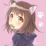  1girl animal_ears blush brown_hair cat_ears cat_girl drawstring food_in_mouth hood hoodie ibuki_ena looking_at_viewer looking_back mouth_hold original paw_print purple_background short_hair smile solo upper_body yellow_eyes 