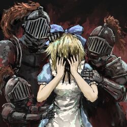  1girl 3boys alice_(black_souls) apron armor black_liquid black_souls black_souls_2 blonde_hair blue_dress blue_ribbon covering_face dress frills full_armor gauntlets grimm_(black_souls) hair_ribbon hand_on_another&#039;s_head hand_on_another&#039;s_hip hand_on_another&#039;s_shoulder hands_on_own_face helmet hole_in_face multiple_boys puffy_short_sleeves puffy_sleeves ribbon role_reversal short_sleeves white_apron zhuxie1264852 