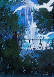  1boy 1girl ainu_clothes asirpa bird black_hat blurry blurry_foreground bridge golden_kamuy gun gun_on_back hat highres military_uniform naruysae orange_scarf outdoors scar scar_on_face scarf scenery sugimoto_saichi tree walking water waterfall weapon weapon_on_back white_bird 