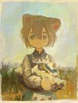  1girl :/ absurdres animal animal_ears basket blue_dress border brown_hair cat ciel_(paradis47) closed_mouth collared_dress commentary dated_commentary dress expressionless faux_traditional_media floral_print grass grey_eyes highres holding holding_animal holding_basket holding_cat impasto long_sleeves looking_at_viewer multicolored_clothes multicolored_dress neck_ribbon original print_dress red_ribbon ribbon rose_print short_hair solo upper_body white_border white_sleeves 